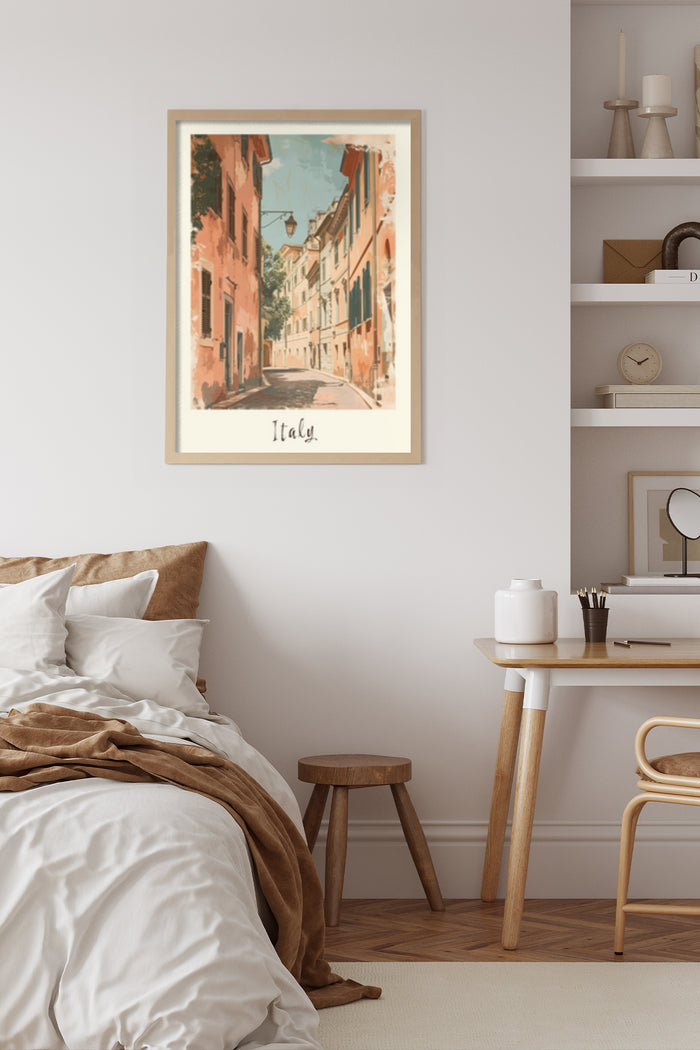 Vintage Italy Travel Poster Art in Bedroom Interior Setting