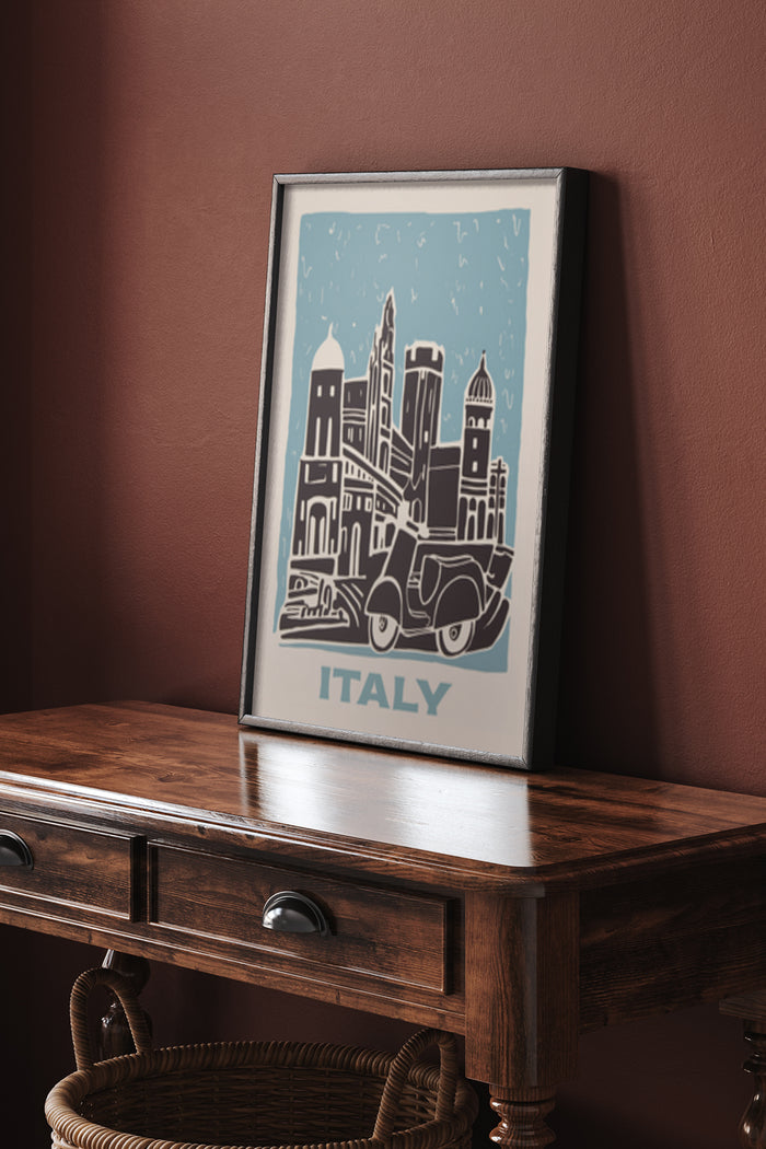 Vintage Italy Travel Poster with Iconic Architecture and Vespa Scooter