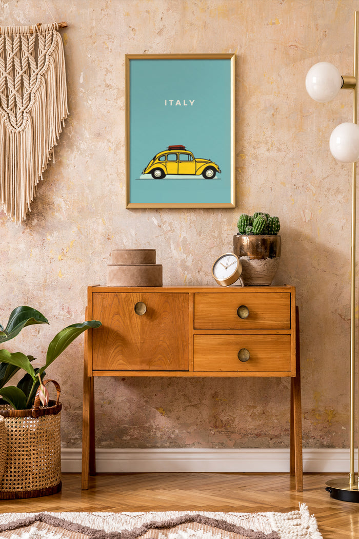 Vintage Italy travel poster with classic yellow car design on wall