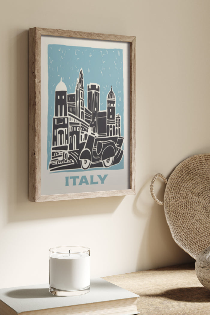 Vintage travel poster of Italy featuring iconic Vespa scooter and Italian architecture