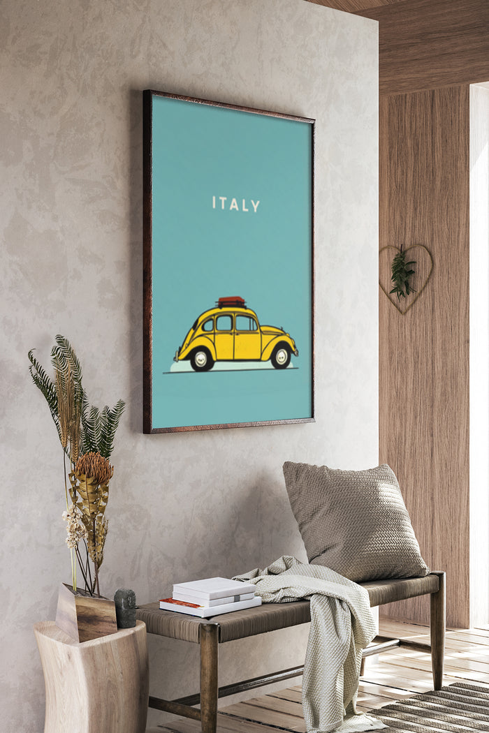 Vintage Italy Travel Poster Featuring a Classic Yellow Car