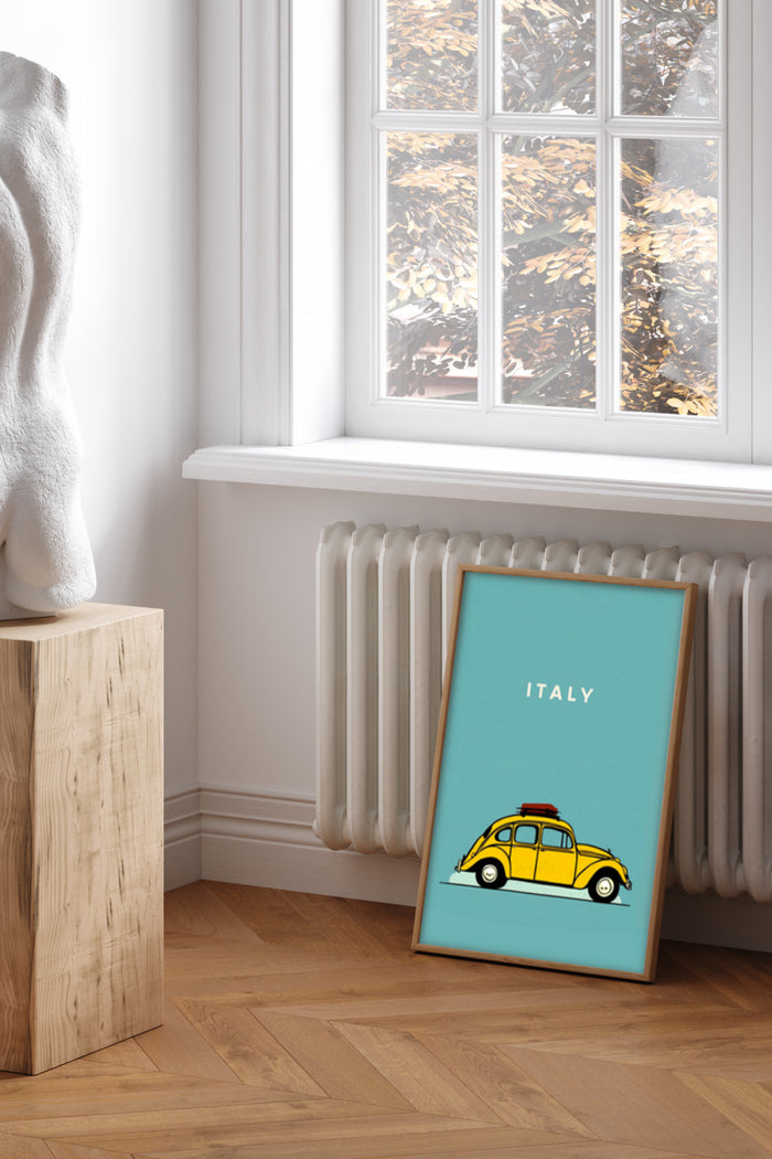 Vintage Italy travel poster featuring a classic yellow car in a stylish interior setting