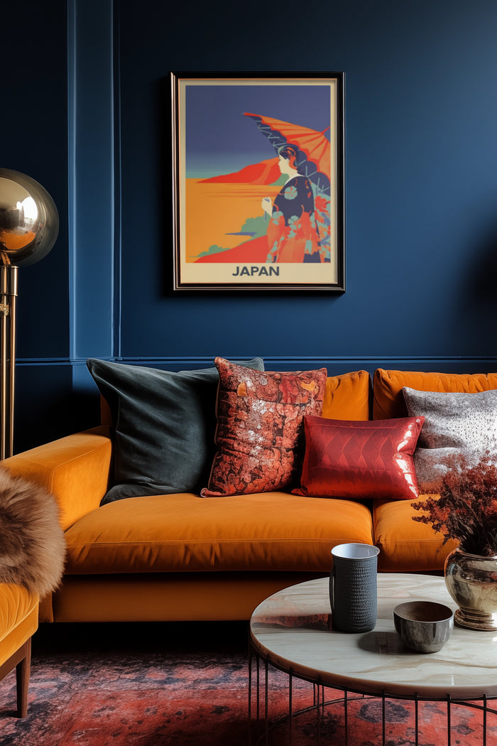Elegant interior design featuring a vintage Japan travel poster with vibrant colors and traditional Japanese imagery
