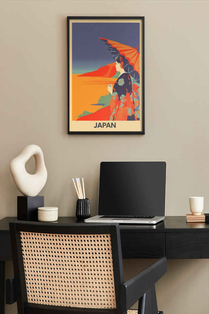 Vintage Japan travel poster featuring a geisha with an umbrella on a wall in a stylish home office