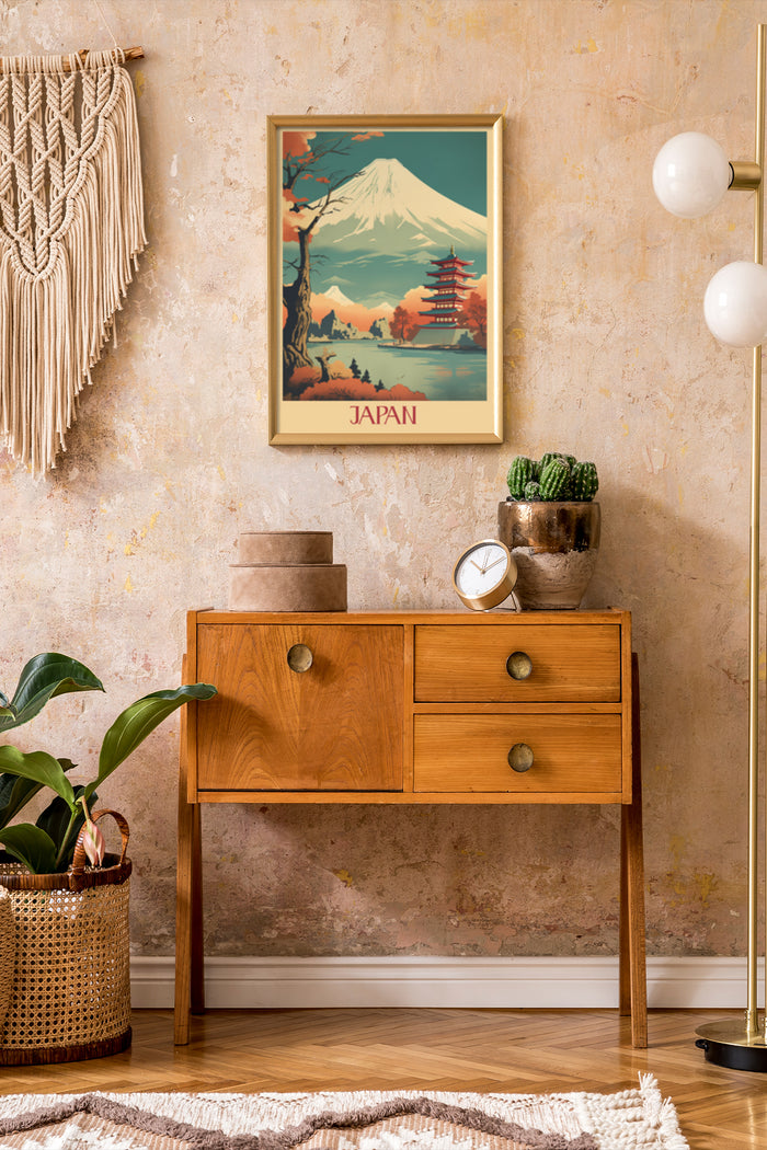 Vintage inspired Japan travel poster featuring Mount Fuji and pagoda in a stylish interior setting