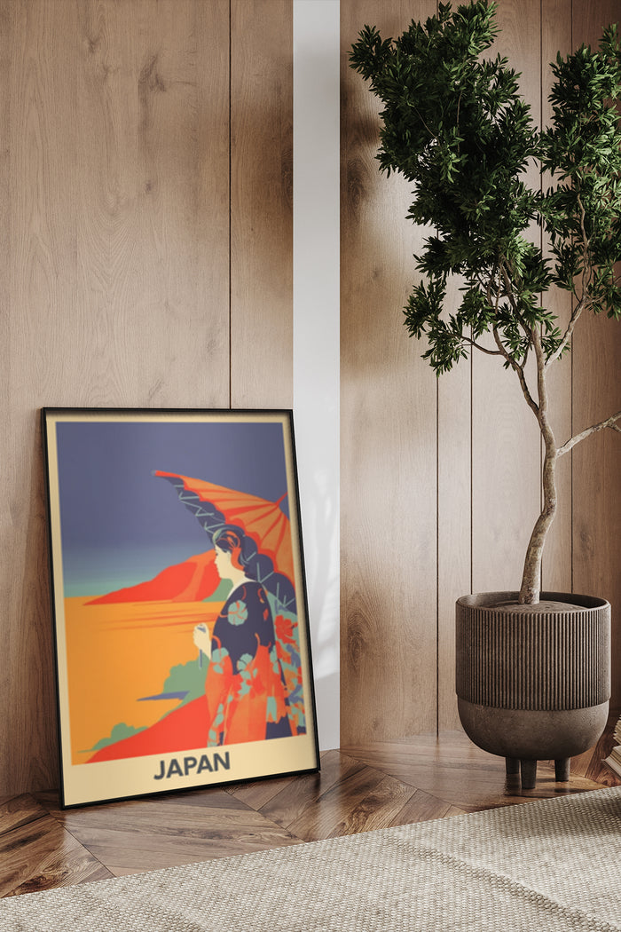 Vintage Japan travel poster featuring a stylized female figure in traditional attire with Mount Fuji in the background, displayed in a modern interior