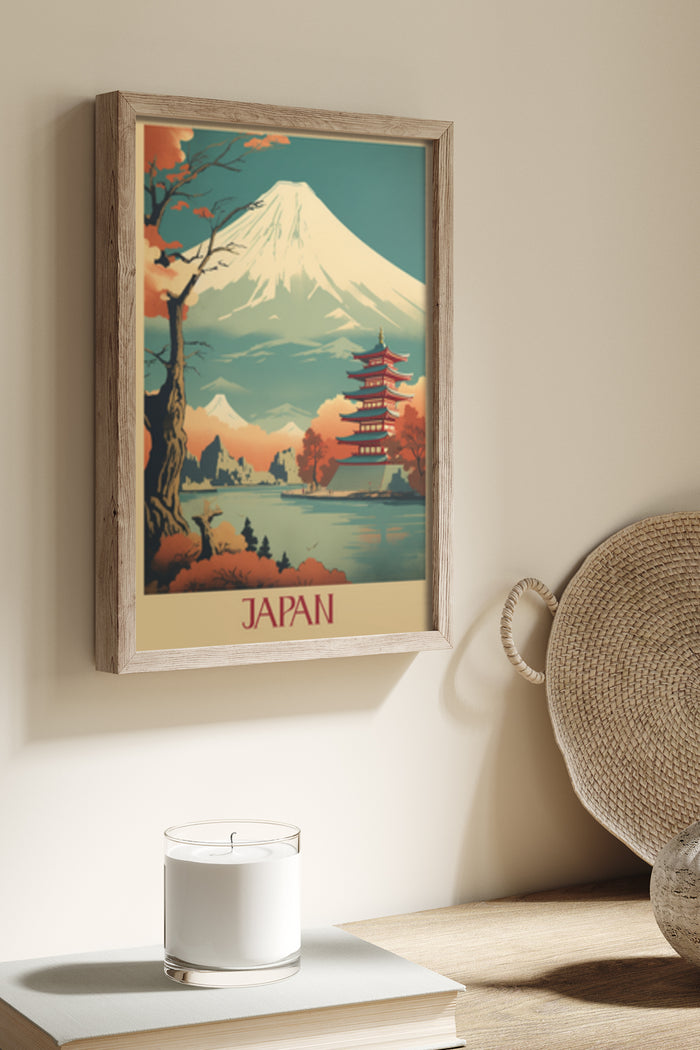 Vintage travel poster of Japan featuring Mount Fuji and a traditional pagoda surrounded by autumn foliage