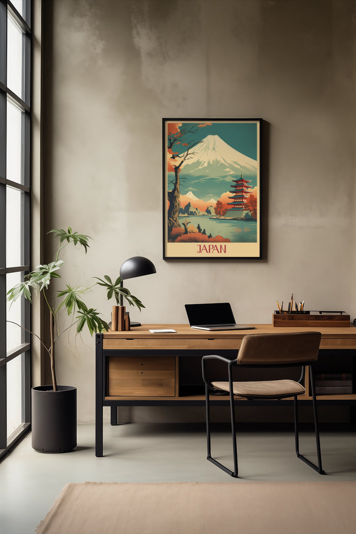 Vintage Japan travel poster depicting Mount Fuji and a traditional pagoda in an office setting