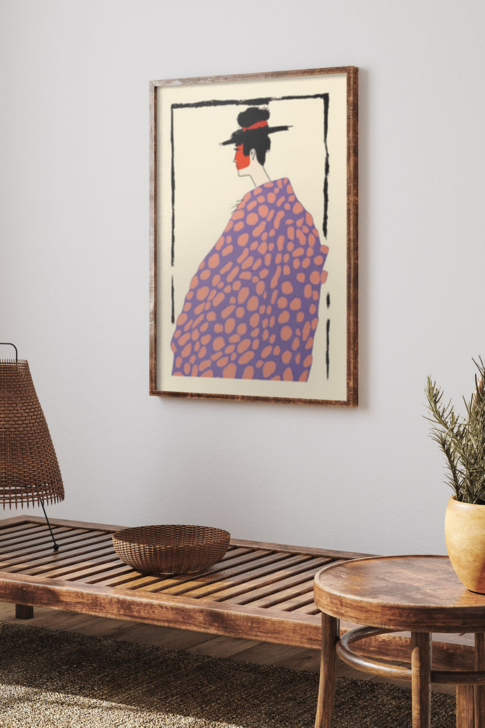Vintage Japanese-Inspired Art Poster Featuring Woman in Traditional Dress with Patterned Shawl