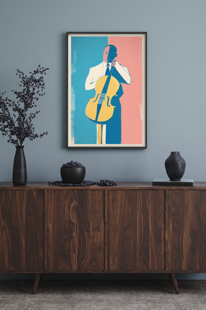 Stylized vintage poster of a jazz guitarist displayed in a contemporary living room setting