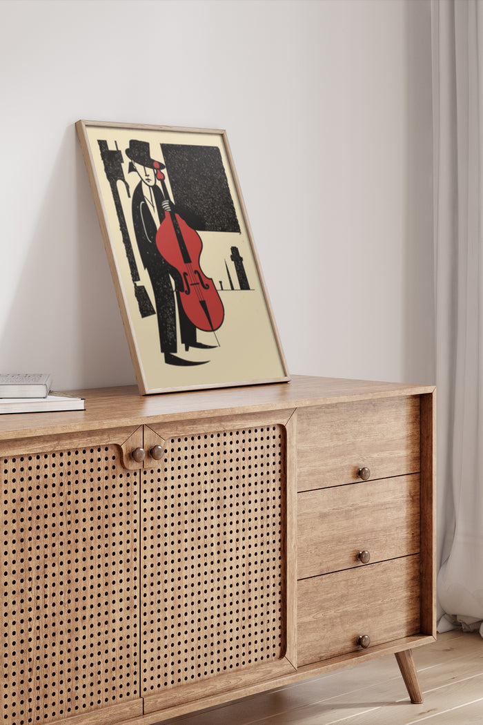 Vintage styled poster of a jazz musician with a double bass in a modern interior setting