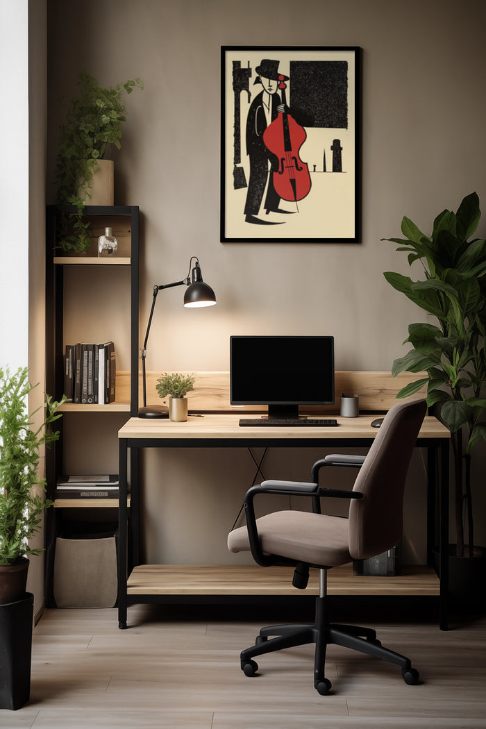 Vintage style poster of a jazz musician with a cello hanging in a modern home office