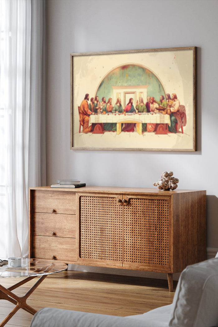 Vintage framed poster of the Last Supper painting in a modern living room interior