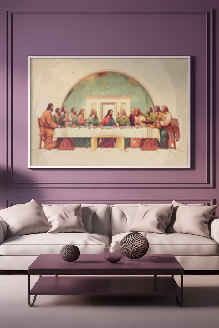 Vintage reproduction of the Last Supper painting displayed above a sofa in a modern living room interior