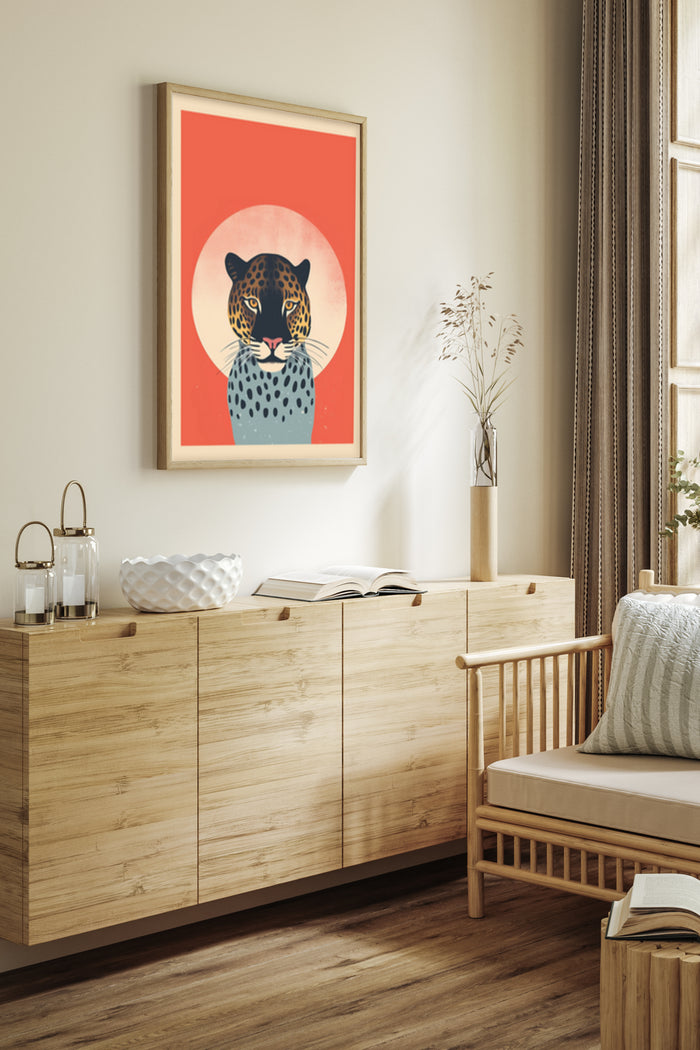 Vintage inspired artwork poster featuring a leopard with a red sun background displayed in a contemporary living room setting