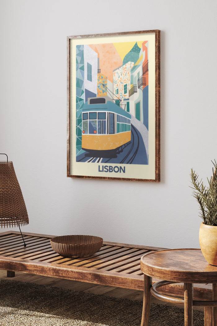 Vintage style poster of a Lisbon tram with colorful buildings in the background hung on a home wall