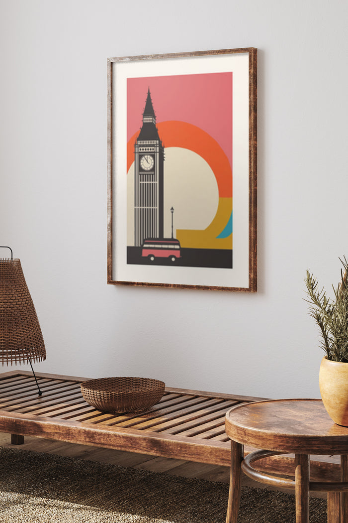 Vintage style poster of London Big Ben with retro color palette displayed in a modern room