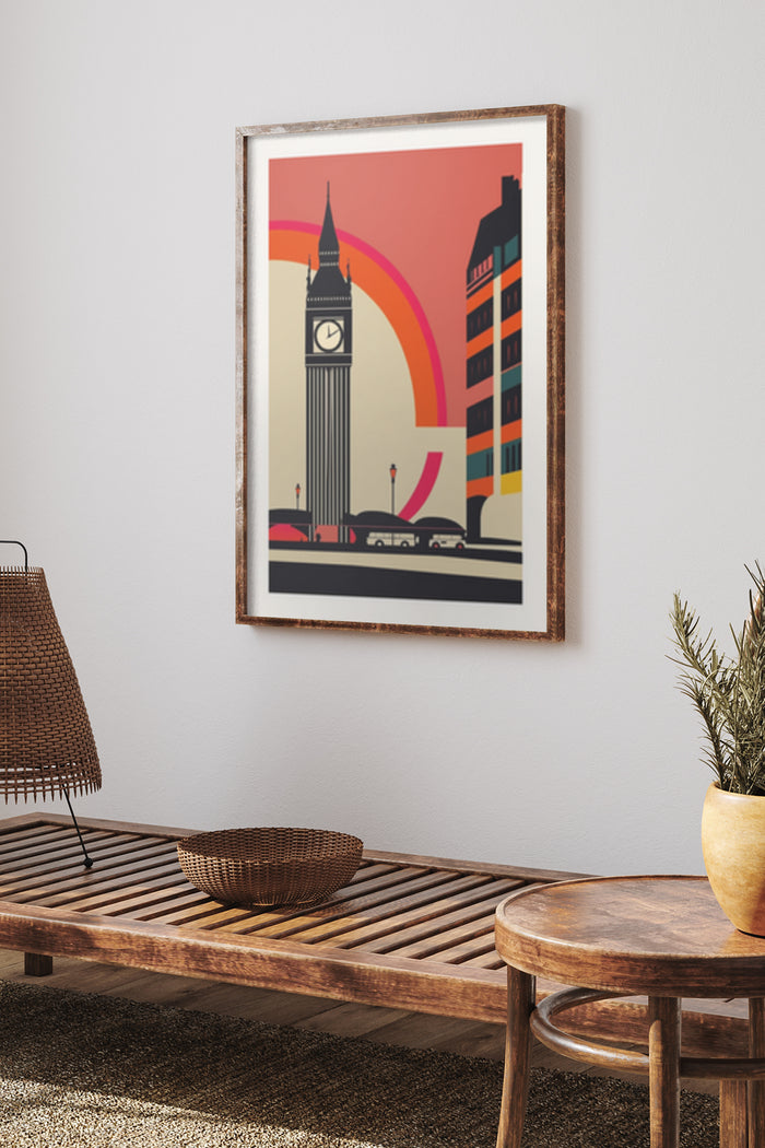 Retro styled travel poster featuring Big Ben and London cityscape in vibrant colors