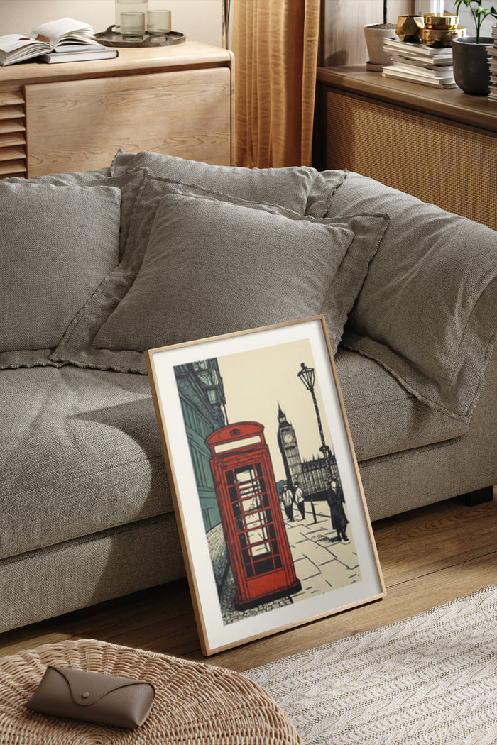 Vintage London Poster with Red Telephone Box and Big Ben in Stylish Living Room