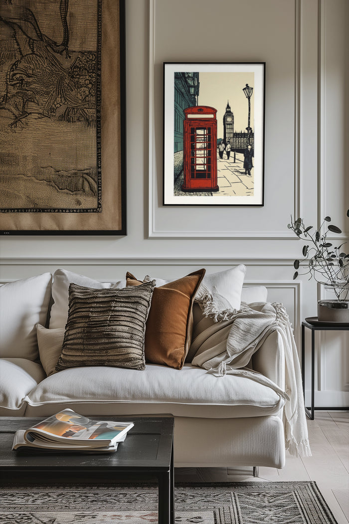 Vintage style poster of a London scene with a red telephone booth and Big Ben in the background, displayed in a cozy living room