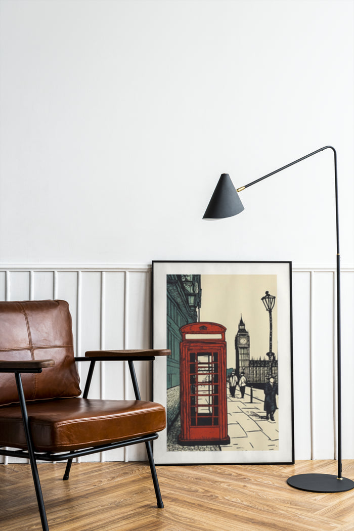 Vintage style poster of London with iconic red telephone box and Big Ben in a modern interior setting