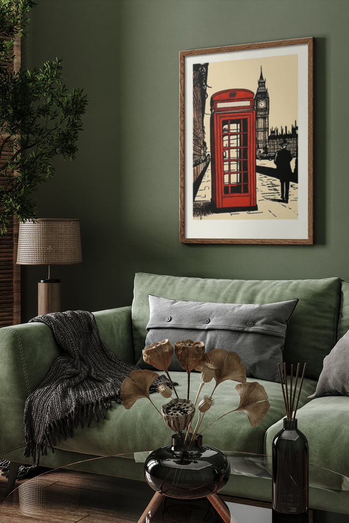 Vintage styled poster of London featuring a red telephone box and Big Ben in a cozy living room interior