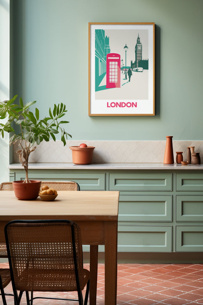 Vintage London travel poster with iconic red telephone booth and Big Ben over kitchen cabinet