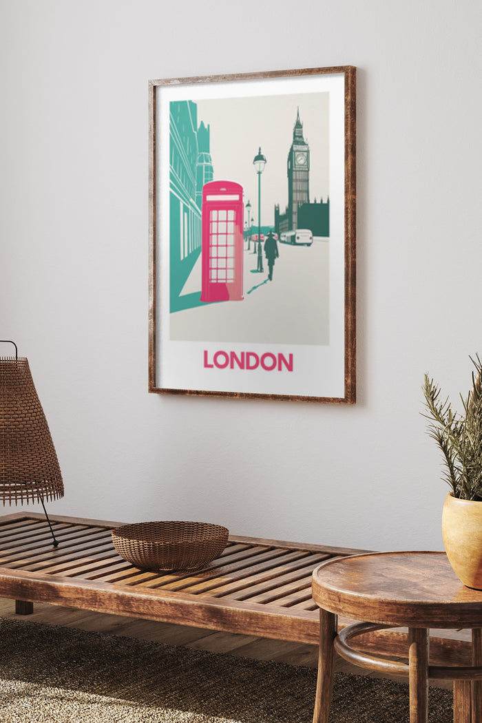 Vintage style London travel poster featuring a red phone booth and Big Ben in home decor setting