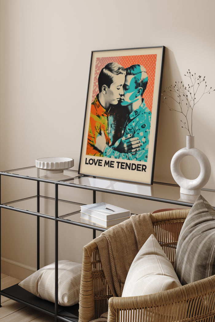 Vintage 'Love Me Tender' pop art style poster featuring a couple in a color splash design, displayed in a modern interior