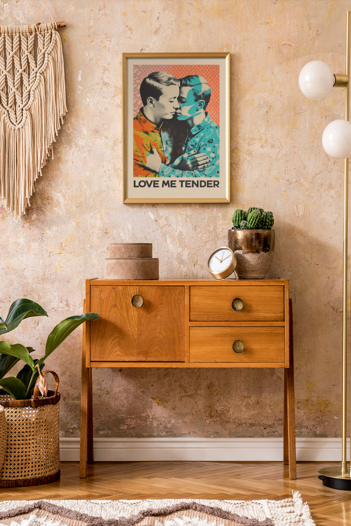 Vintage 'Love Me Tender' Poster Art in Stylish Modern Living Room Decor