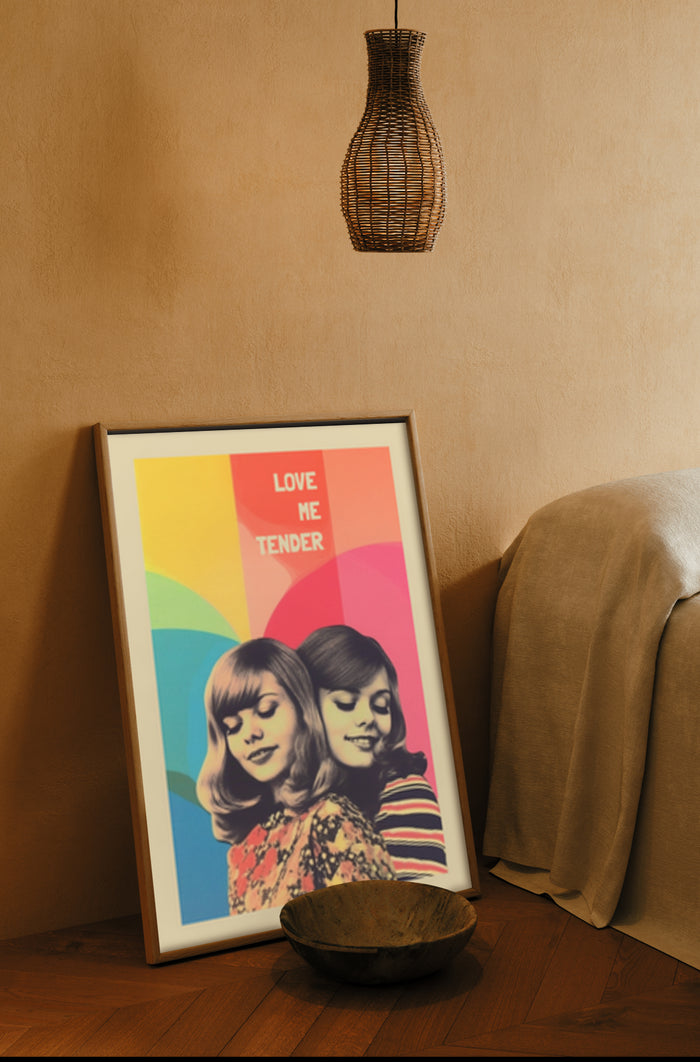 Vintage style 'Love Me Tender' poster with colorful backdrop displayed in a cozy room setting