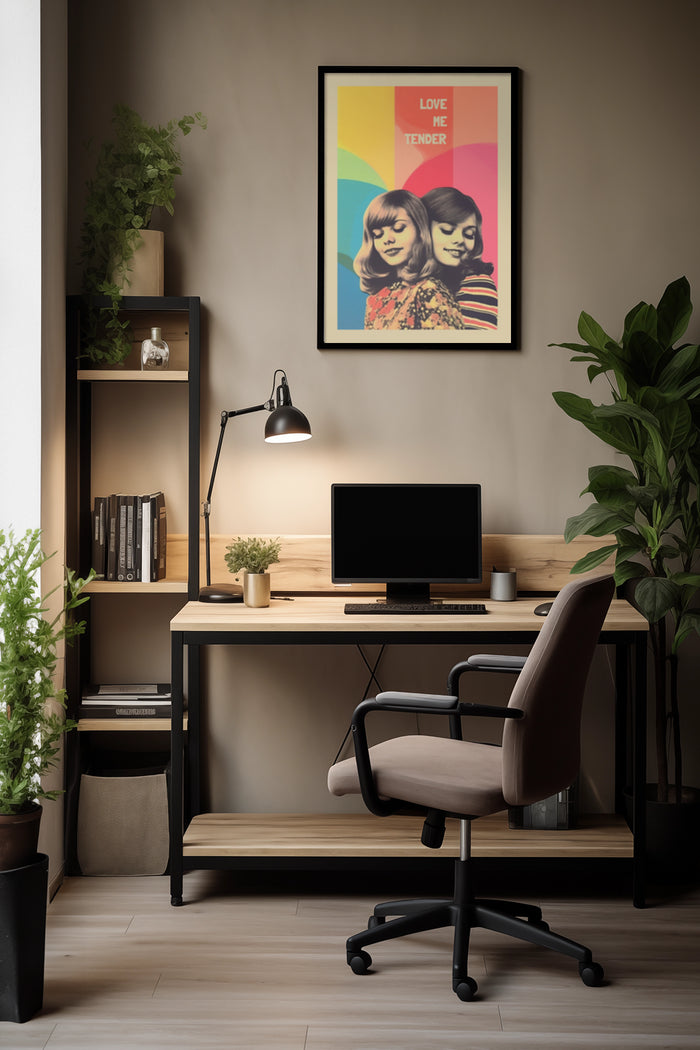 Vintage style 'Love Me Tender' poster featured in a modern home office setup