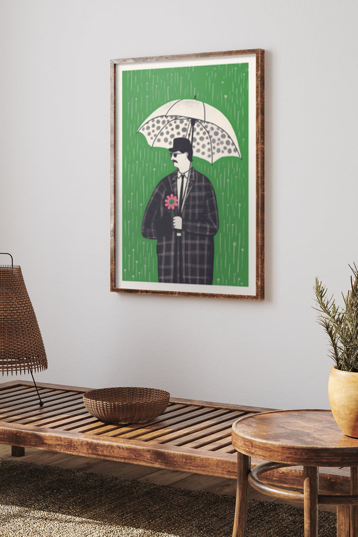 Vintage style poster of a man in a suit holding an umbrella with a green rain-patterned background