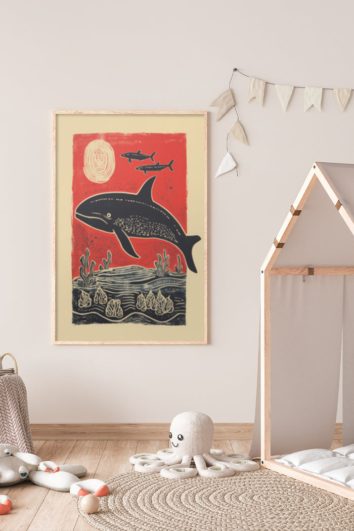 Vintage Marine Life Poster Featuring a Whale and Fish in Red and Yellow Tones