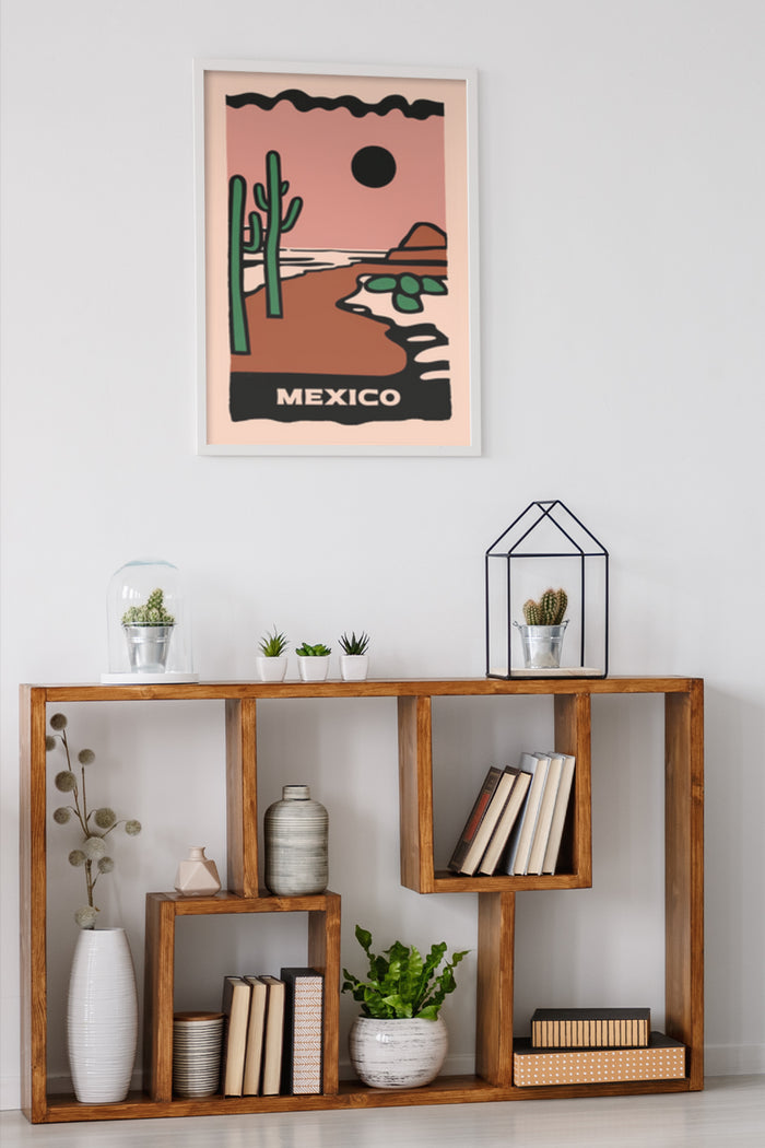 Vintage stylized Mexico travel poster with cacti and sun hanging in a modern living room