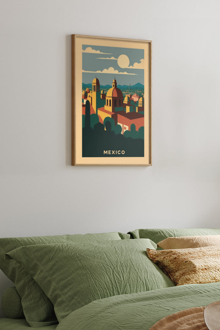 Vintage Mexico travel poster with cityscape and rising sun hanging above bed in modern bedroom interior