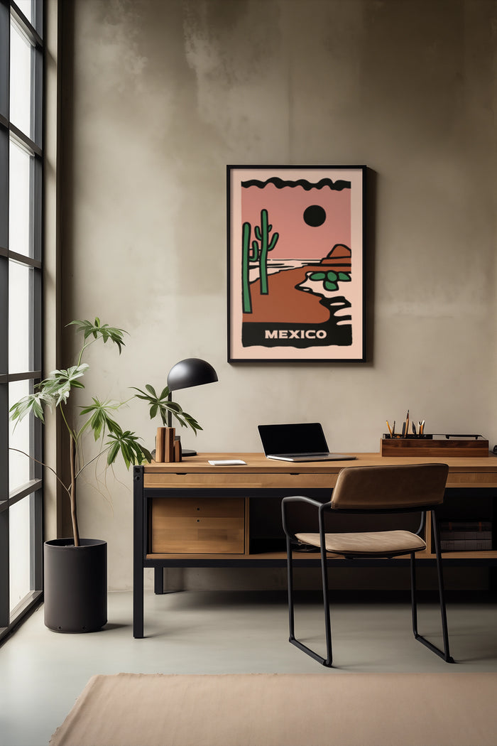 Retro style Mexico travel poster with desert landscape in a contemporary office interior