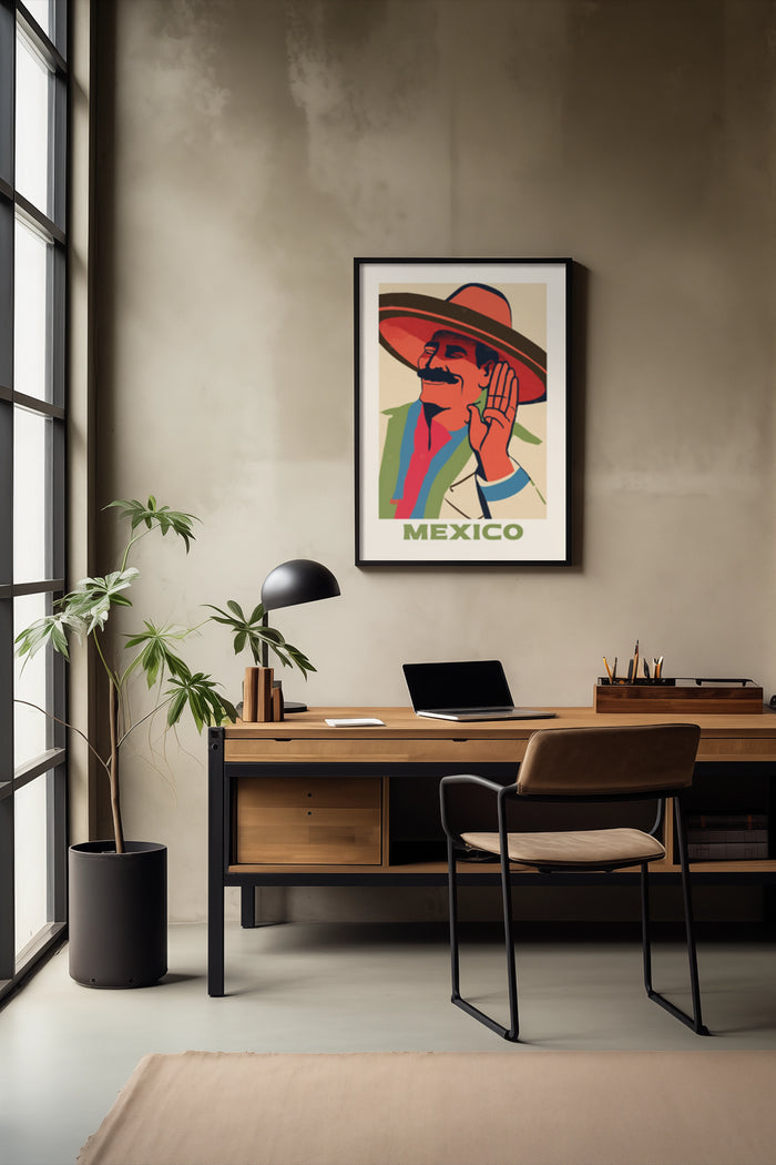 Stylish home office featuring a vintage travel poster of Mexico with a man in traditional attire