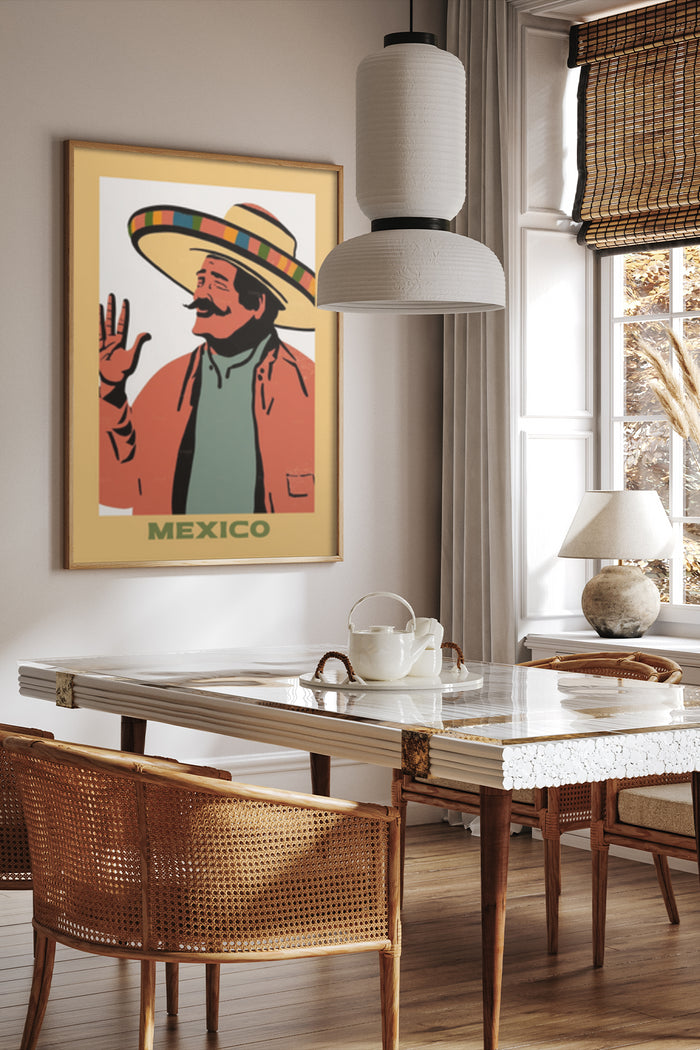 Vintage Mexico travel poster featuring man with sombrero in a stylish interior