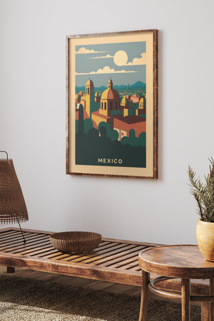Vintage Mexico travel poster with scenic view of traditional architecture and sunset