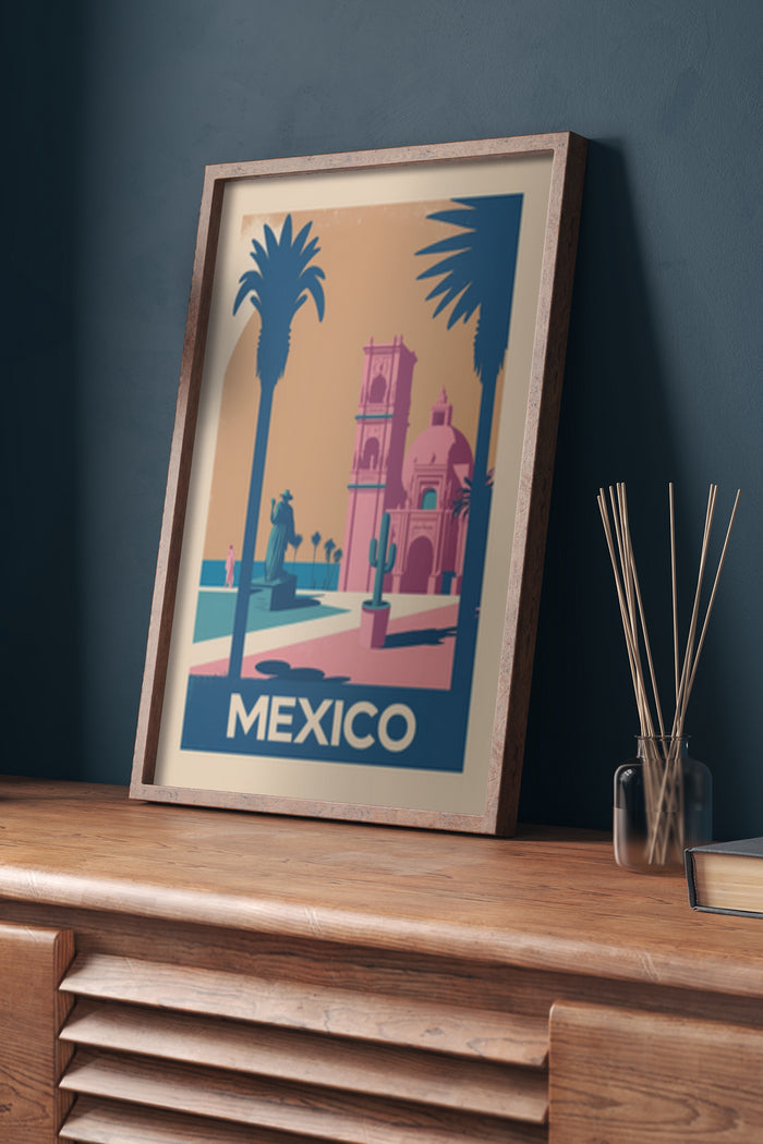 Vintage Mexico travel poster with iconic architecture and palm trees