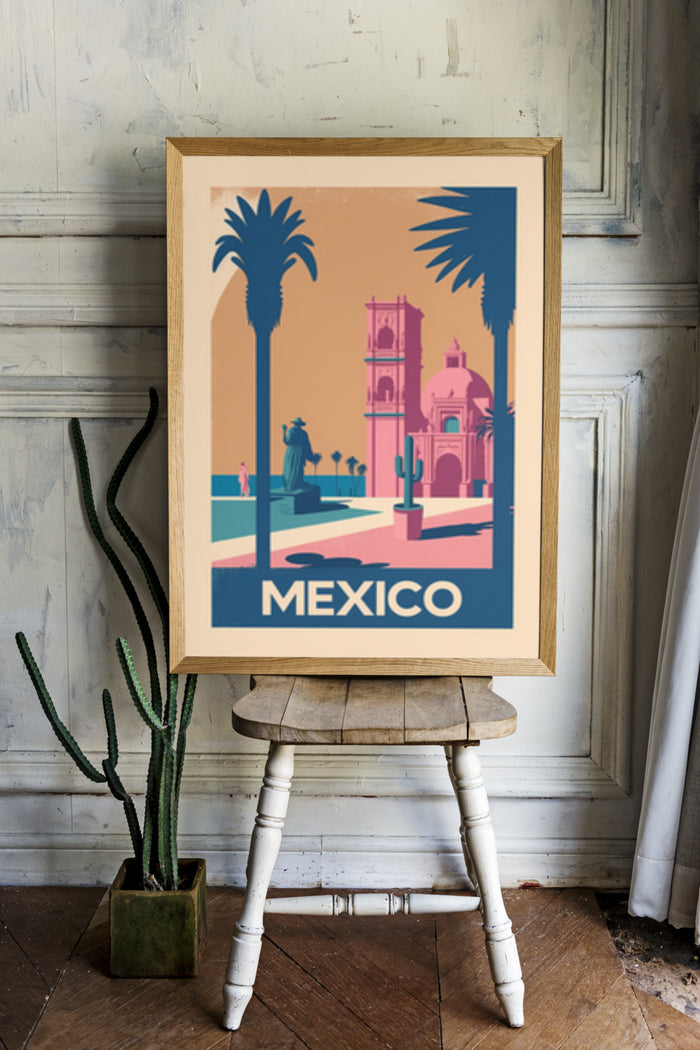 Vintage travel poster of Mexico with palm trees and historic architecture illustration