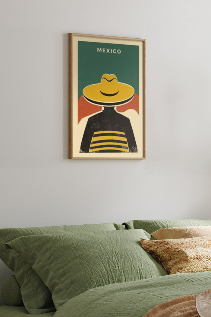 Vintage style Mexico travel poster with sombrero and abstract design, hanging in a bedroom