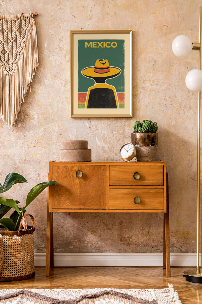 Vintage Mexico travel poster in a stylish interior setting with wooden furniture and decorative plants