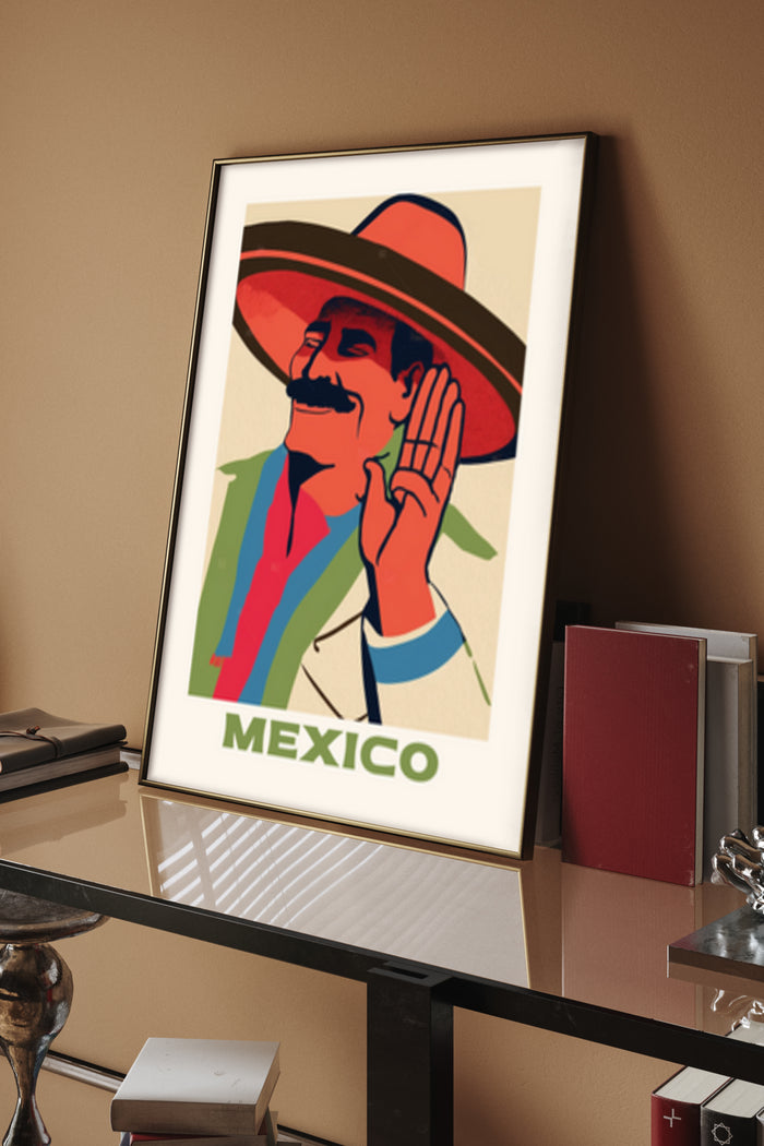 Vintage Mexican travel poster featuring a man with sombrero listening