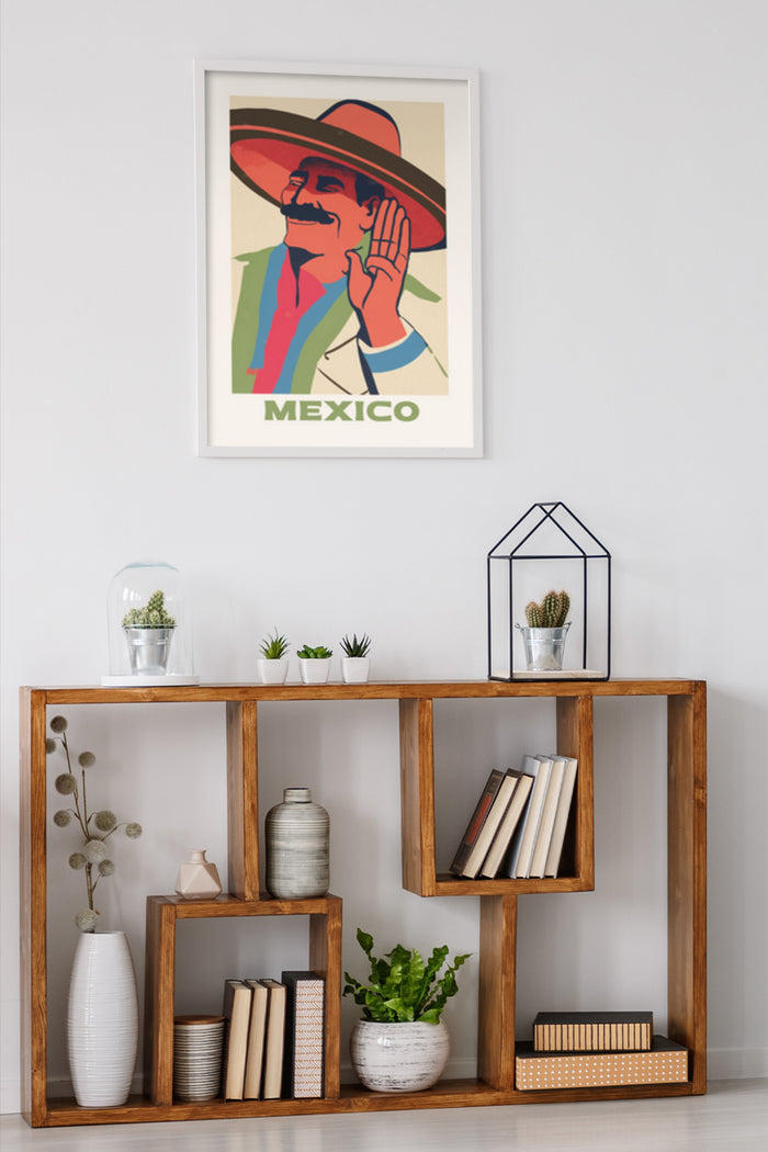 Vintage Mexico travel poster featuring a man listening with a colorful design