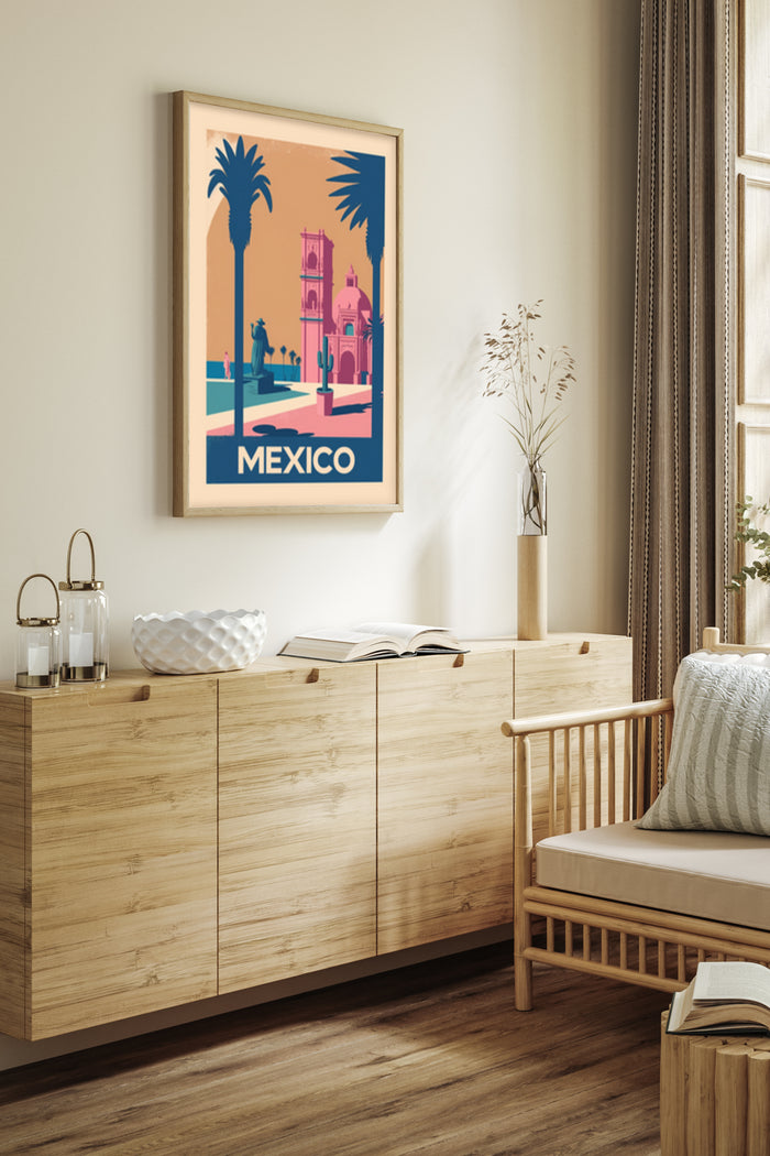 Mexico vintage travel poster in stylish interior setting above a wooden sideboard