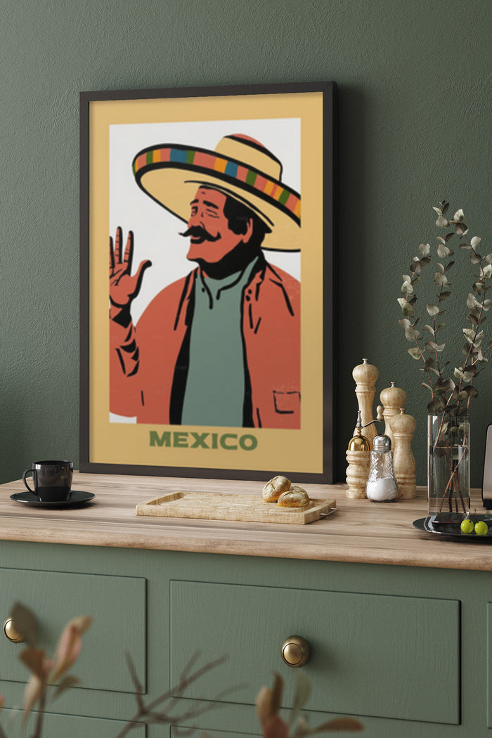 Vintage Mexico travel poster featuring a smiling man wearing a sombrero
