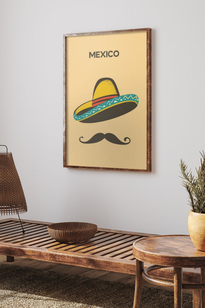 Vintage inspired travel poster featuring Mexico with a stylized sombrero and mustache design