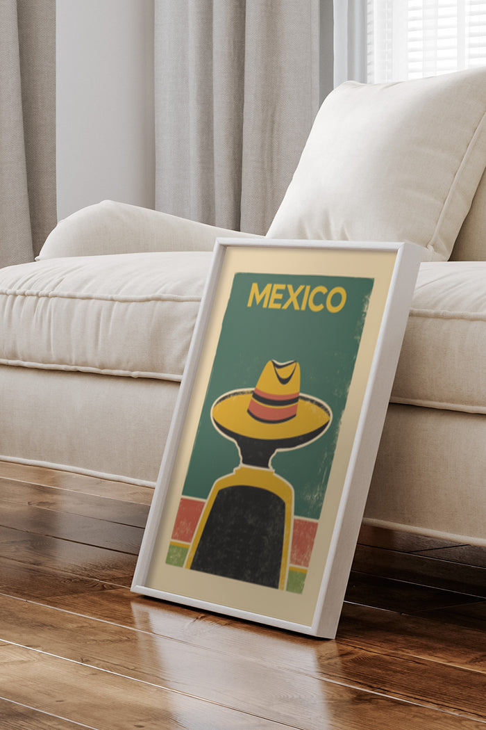 Stylish vintage travel poster promoting Mexico with iconic sombrero illustration in home interior
